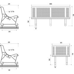 Banc public Santiago 3 pieds en tôle perforée - Trous ronds