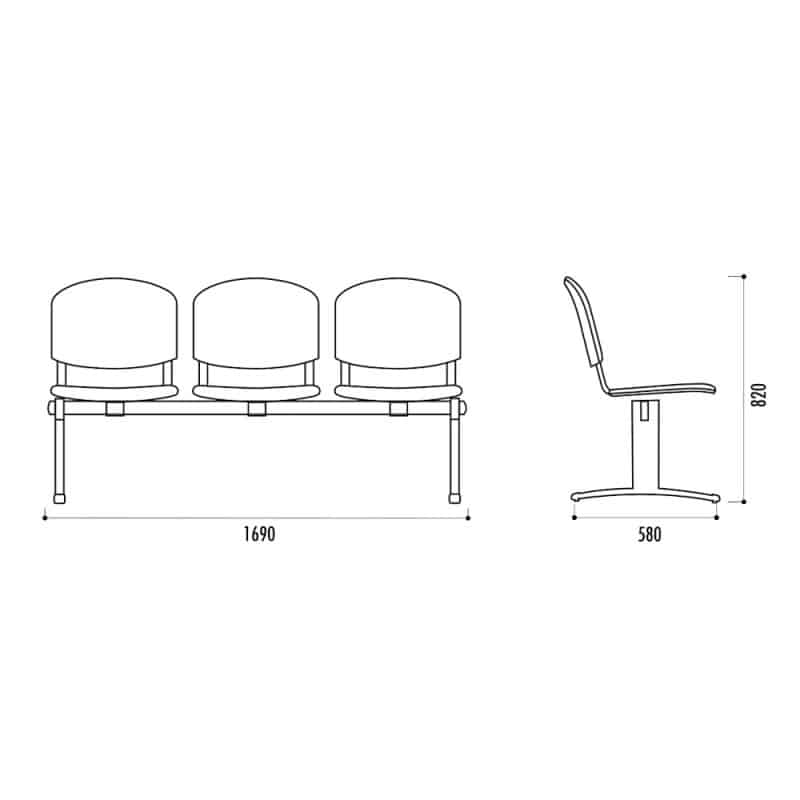 Poutre avec chaises ISO, assise et dossier tissu enduit M2, structure acier noir, plusieurs coloris de tissu disponible