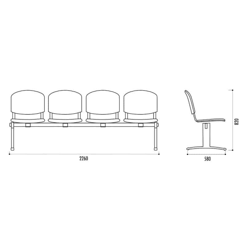 Poutre avec chaises ISO, assise et dossier tissu enduit M2, structure acier noir, plusieurs coloris de tissu disponible