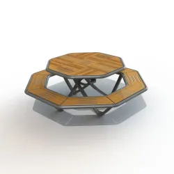 Table de pique nique octogonale en compact stratifié Teck + acier