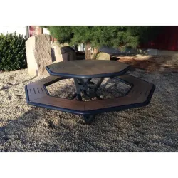 Table de pique nique octogonale en compact stratifié Teck + acier