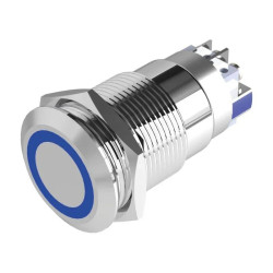 Bouton poussoir inox bleu 19 mm - NO + NC 12v dc bornier à vis