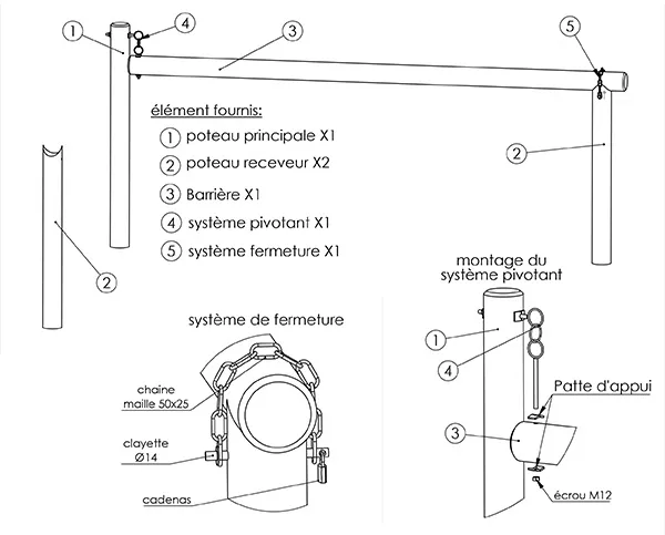 Schéma de montage barrière pivotante manuelle
