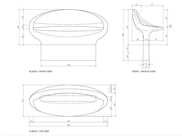 Vue éclatée banc de vile béton Magourban Olive Schéma banc béton forme ovale Magourban Olive