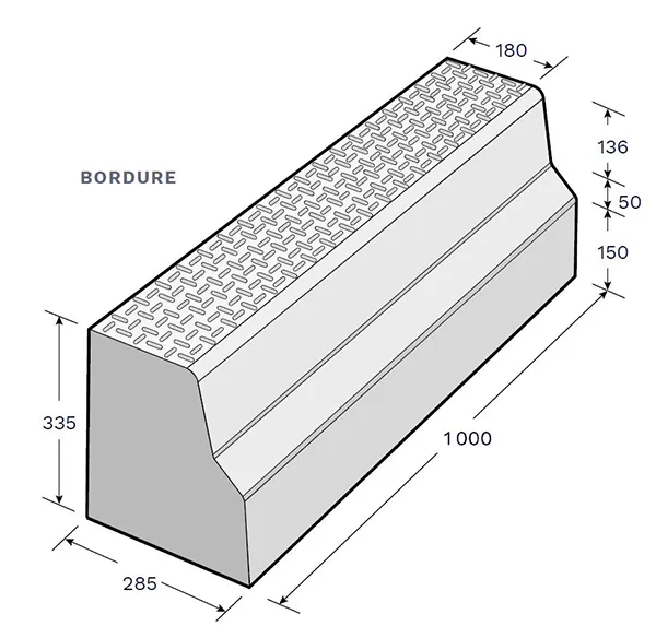 Vue éclatée bordure de quai de bus béton