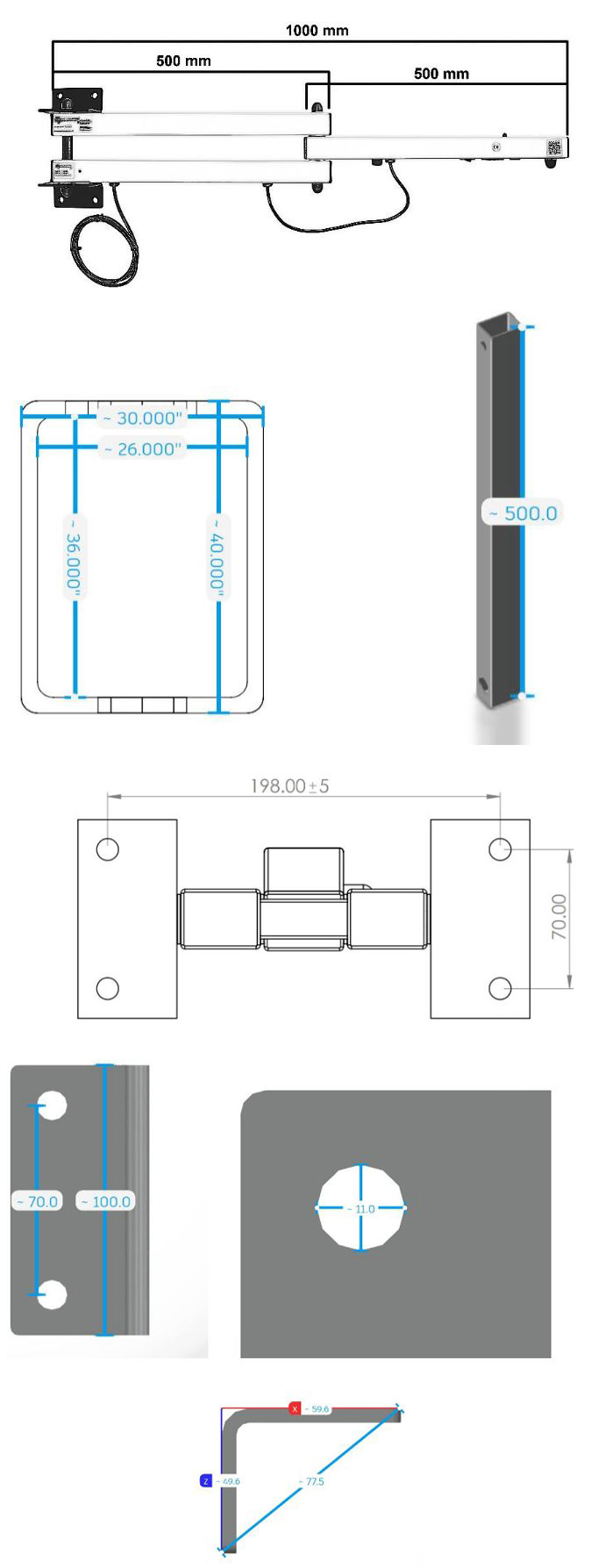 Dimensions projecteur de quai avec bras articulé renforcé