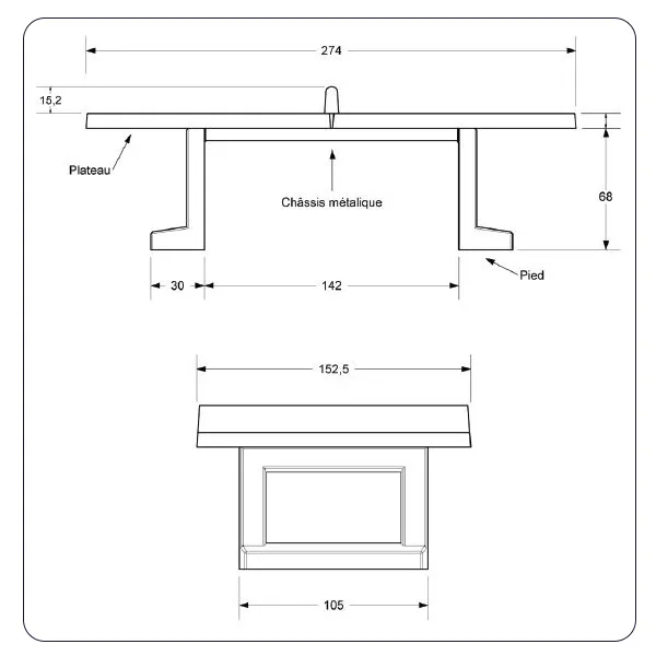 Dimensions table de ping pong béton Duel