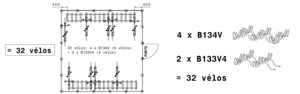 Vue d'ensemble d'implantations de ranges-vélos pour abri 5x5m Vue générale d'implantations de range-vélos