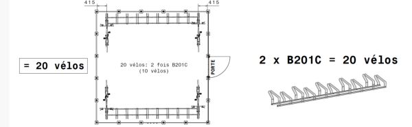 Vue d'ensemble d'implantations de ranges-vélos pour abri 5x5m Vue générale d'implantations de range-vélos
