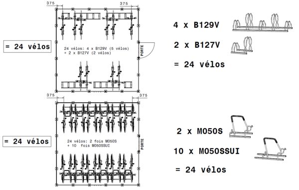 Vue d'ensemble d'implantations de ranges-vélos pour abri 5x5m Vue générale d'implantations de range-vélos