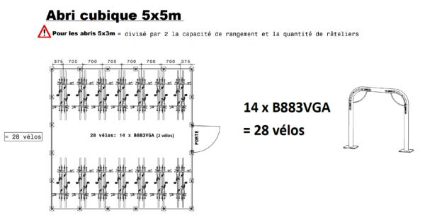 Vue d'ensemble d'implantations de ranges-vélos pour abri 5x5m Vue générale d'implantations de range-vélos