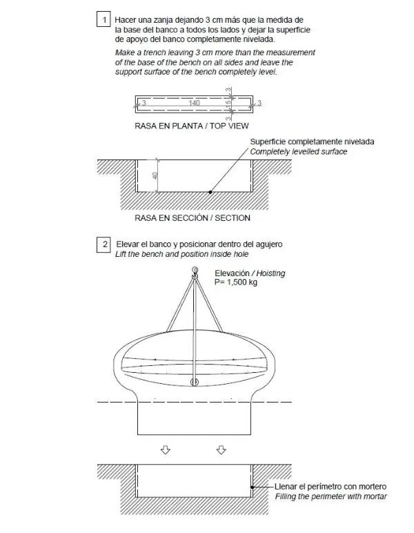 Installation banc forme ovale Magourban Olive Mode d'emploi banc béton Magourban Olive