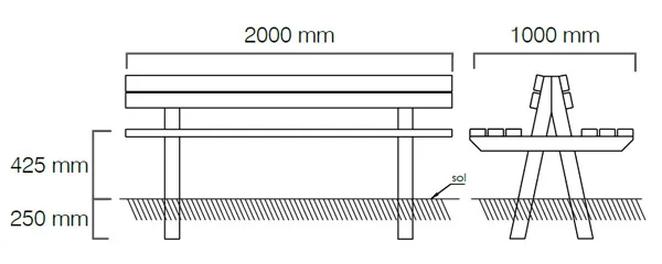 vue eclatée banc en bois double assise Pinède
