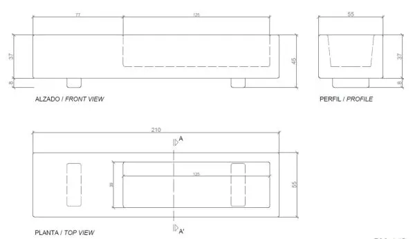 Schéma jardinière et banc intégré béton Magourban Gandhi