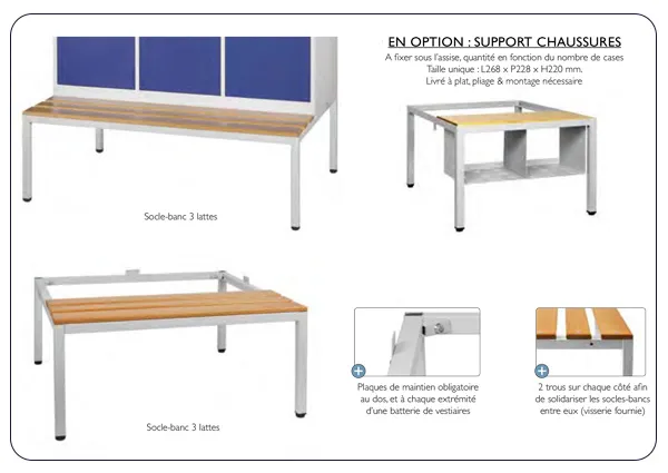 Socle blanc avec assise 3 lattes pour casier vestiaire
