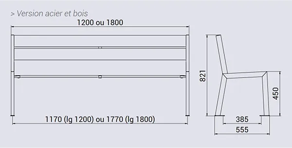 Dimensions du banc en acier et bois Silaos