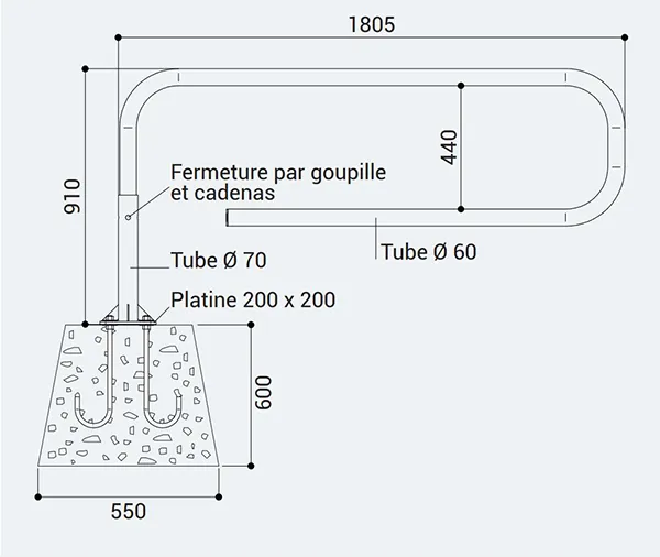 Vue éclatée barrière tournante avec scellement 