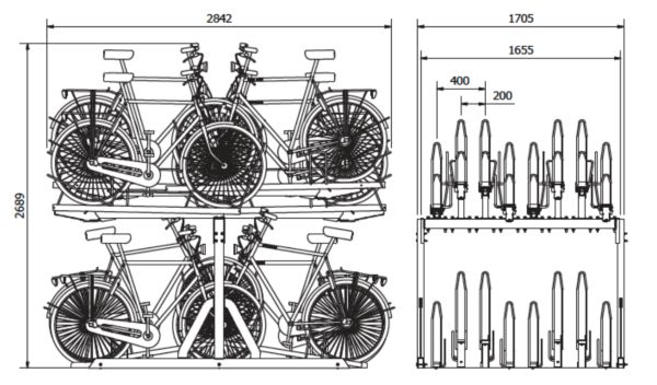Vue d'ensemble du parking vélos module 16 places double sens schéma du rangement vélo moduleo 16 places double sens