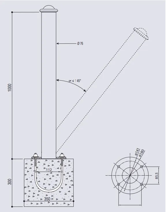 Vue éclatée scellement potelet inclinable Vue éclatée scellement potelet inclinable