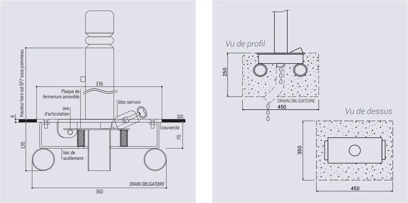 Vue éclatée articulation et scellement potelet