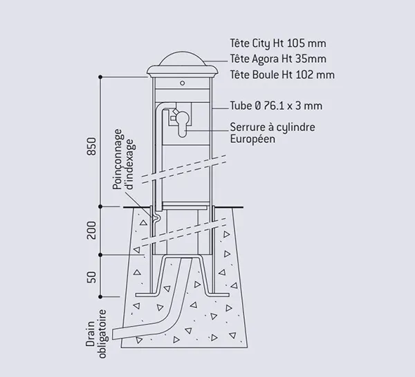Vue éclatée scellement potelet amovible 