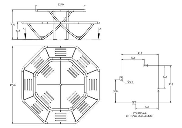 vue ensemble tbale piquenique octogonale en compact stratifié